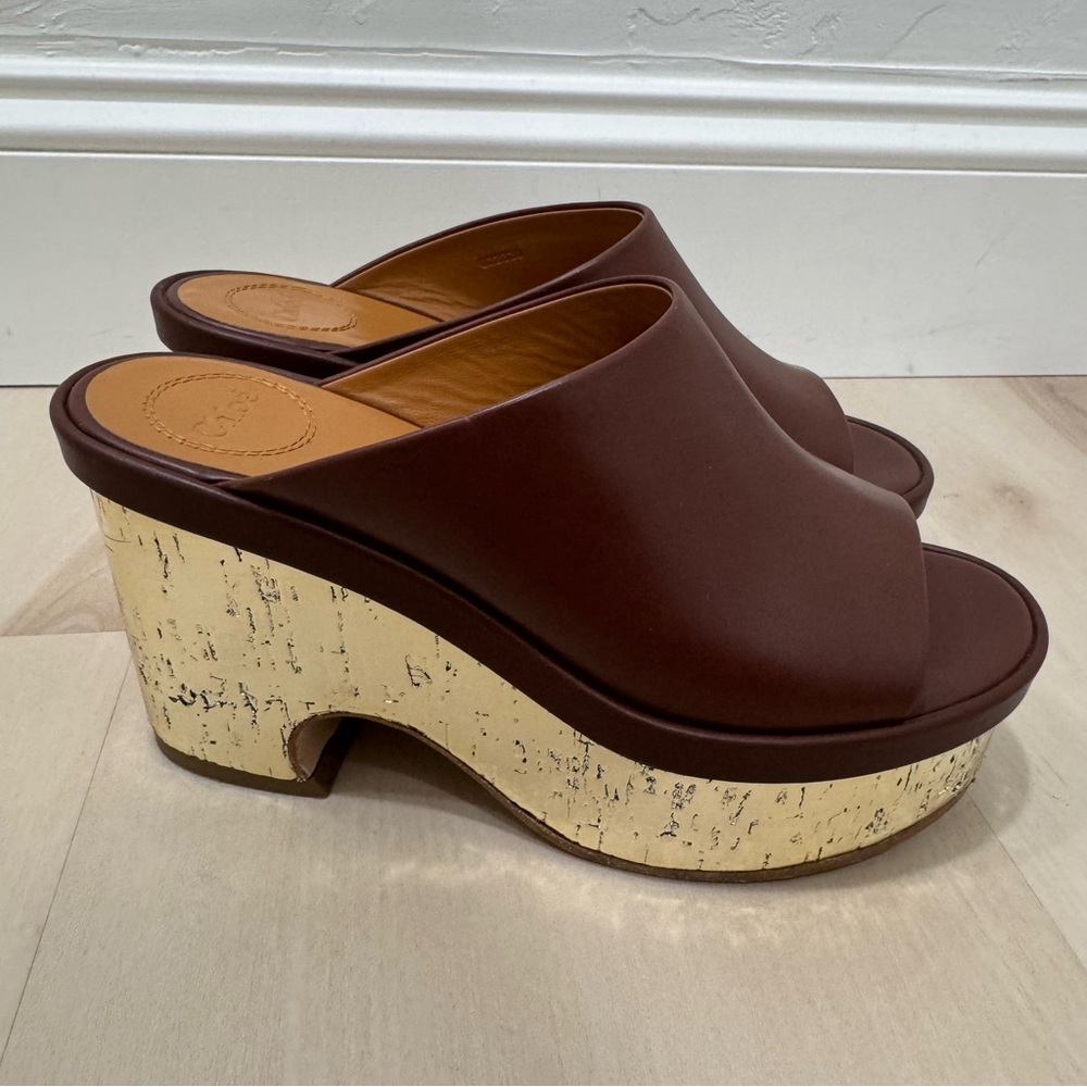 Chloe Oil Leather Cork Platform Mule Sandals Women's 36 = US 6 Brown Gold Italy - Picture 6 of 16